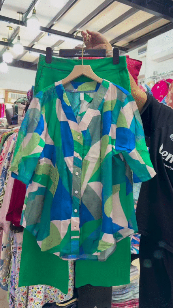 Unisex Geometric Print Button-Up Shirt with Solid Green Skirt – Contemporary Streetwear Fusion - Image 8