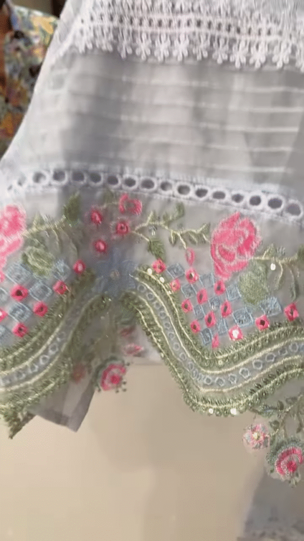 Women’s Light Blue Lace Kurti with Pink Floral Embroidery & Tassel Details – Ethnicwear Set with Sheer Dupatta - Image 2