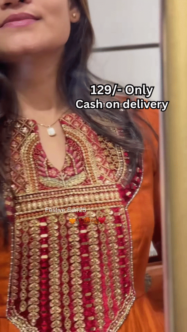 Women’s Orange Embroidered Kurti with Gold & Red Threadwork – Festive Ethnicwear Styled with Black Clutch Accessory - Image 2